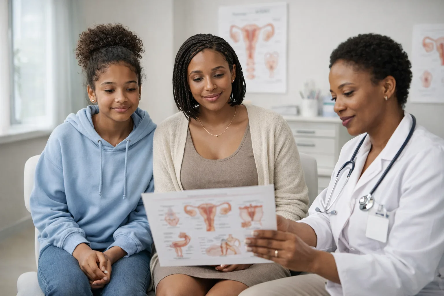 Teenage and young adult women reviewing female anatomy charts with a healthcare professional in a bright modern OB GYN clinic in Pretoria South Africa