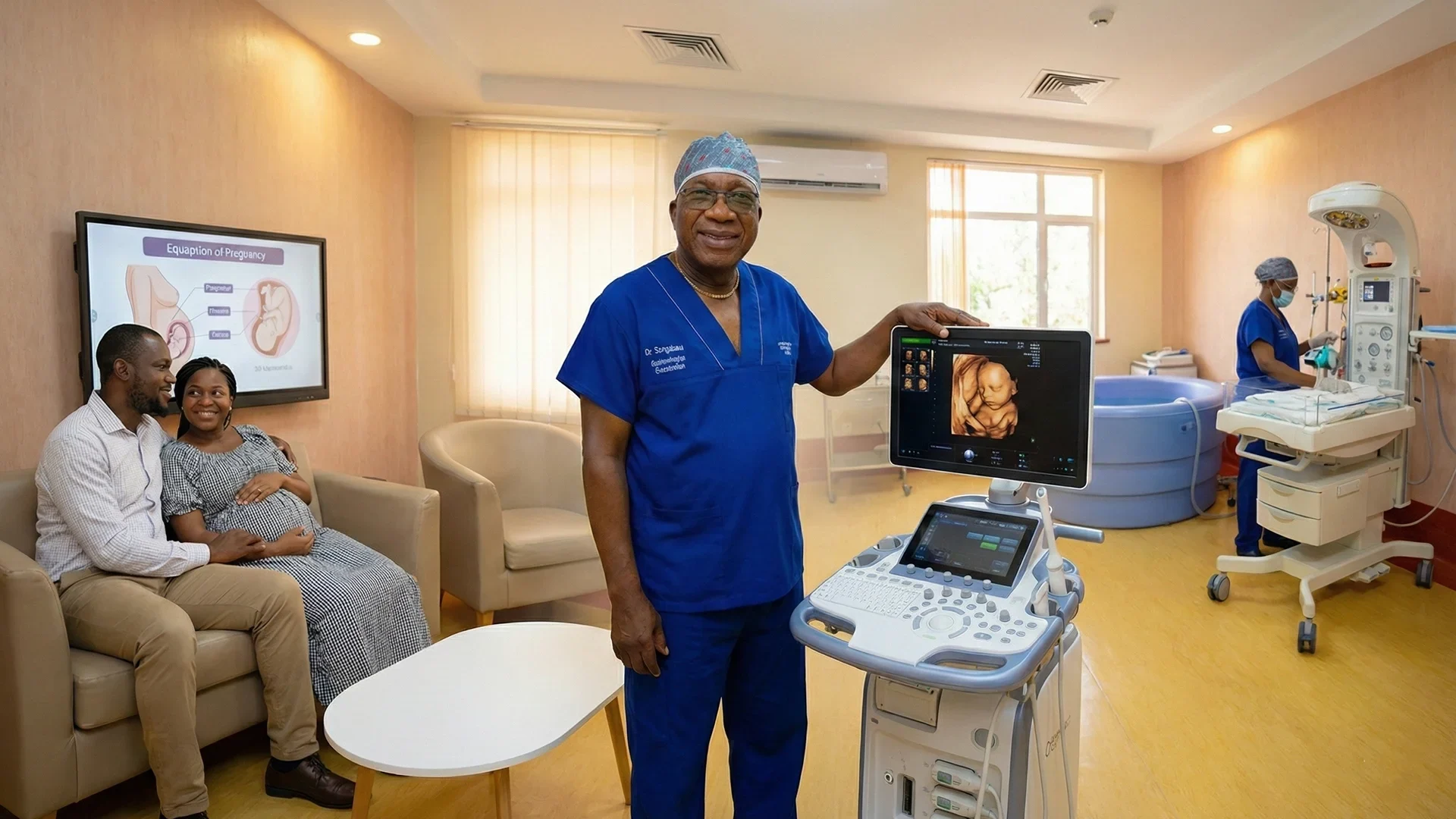 Dr MR Songabau, an obstetrician in Pretoria, standing next to a 3D ultrasound machine displaying a fetal scan, with a pregnant couple seated on a couch and a birthing pool in the background of a modern maternity suite.