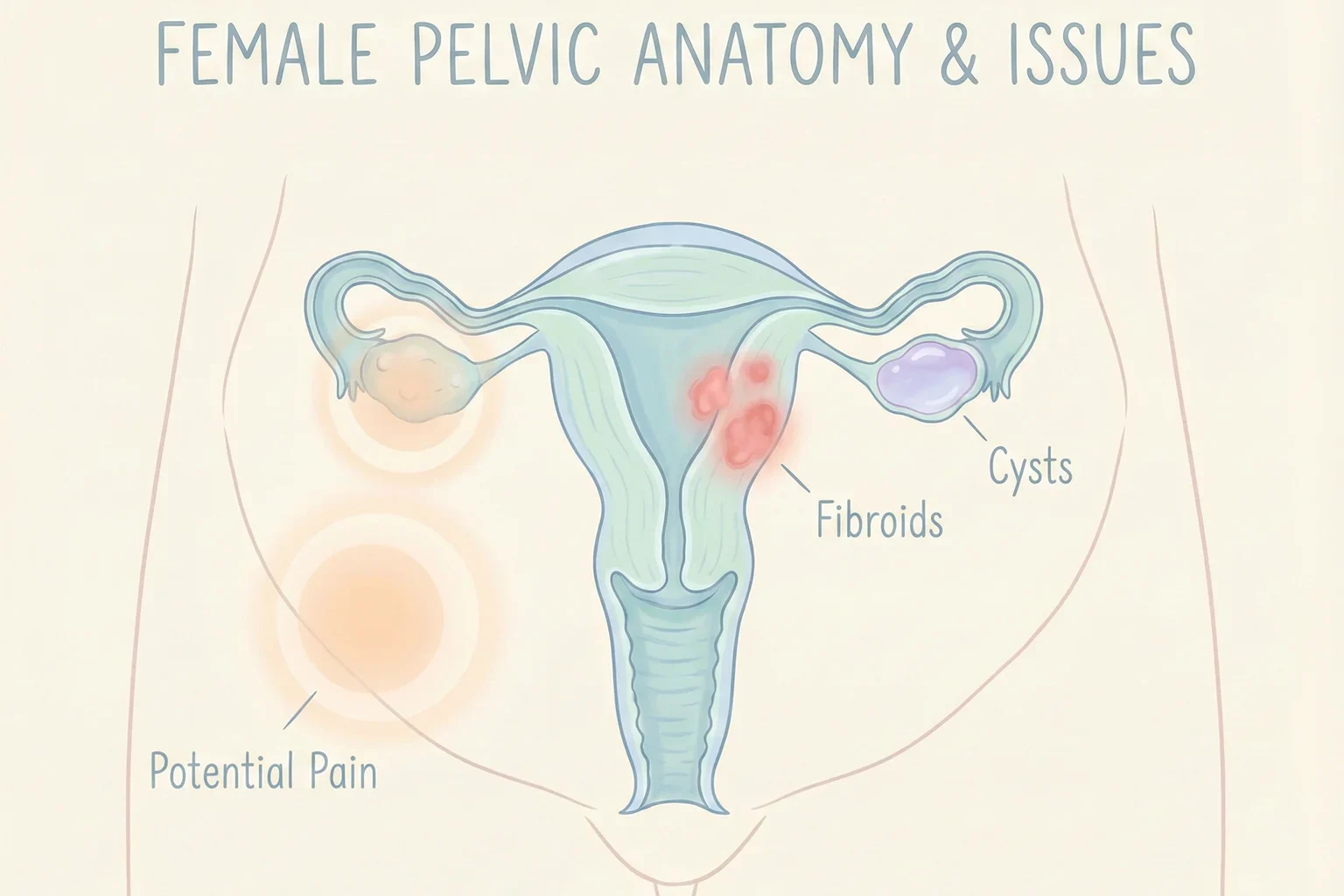 A medical illustration diagram in soft colors showing the female pelvic anatomy, highlighting specific areas labeled as uterine fibroids, ovarian cysts, and potential sources of pelvic pain.