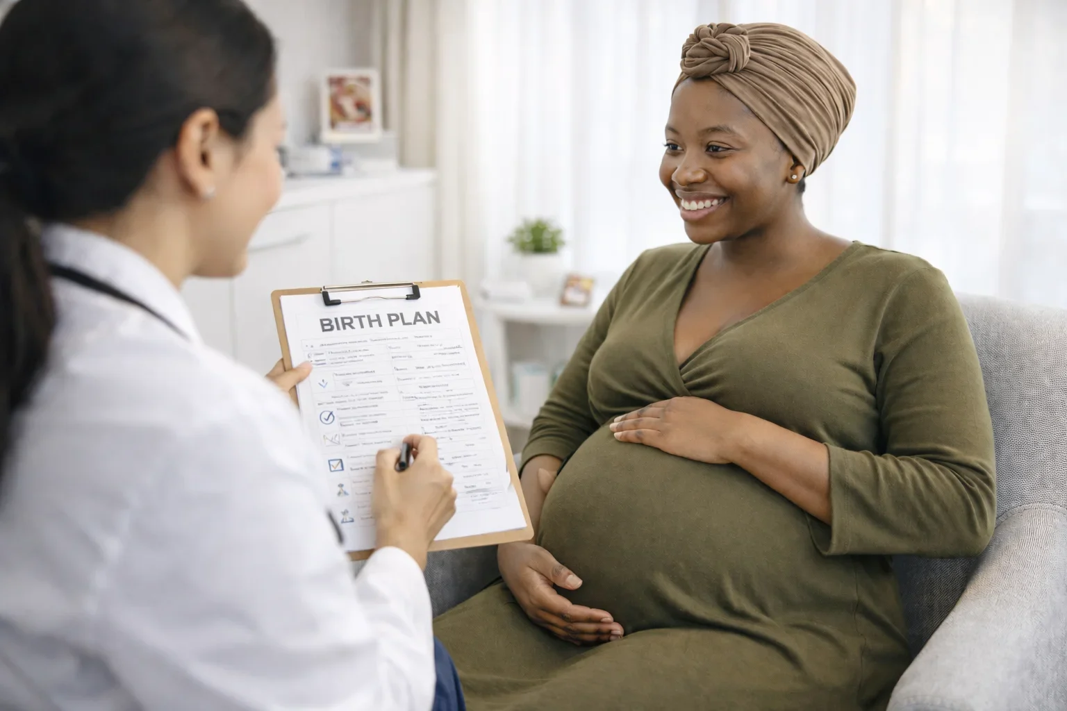 Pregnant woman in late pregnancy discussing birth planning with a healthcare professional in a reassuring maternity clinic setting