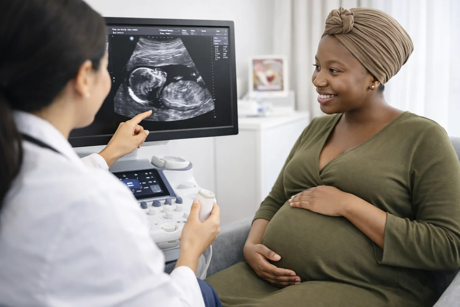 Mid pregnancy ultrasound scan showing fetal anatomy as a healthcare professional explains the results to an expectant mother
