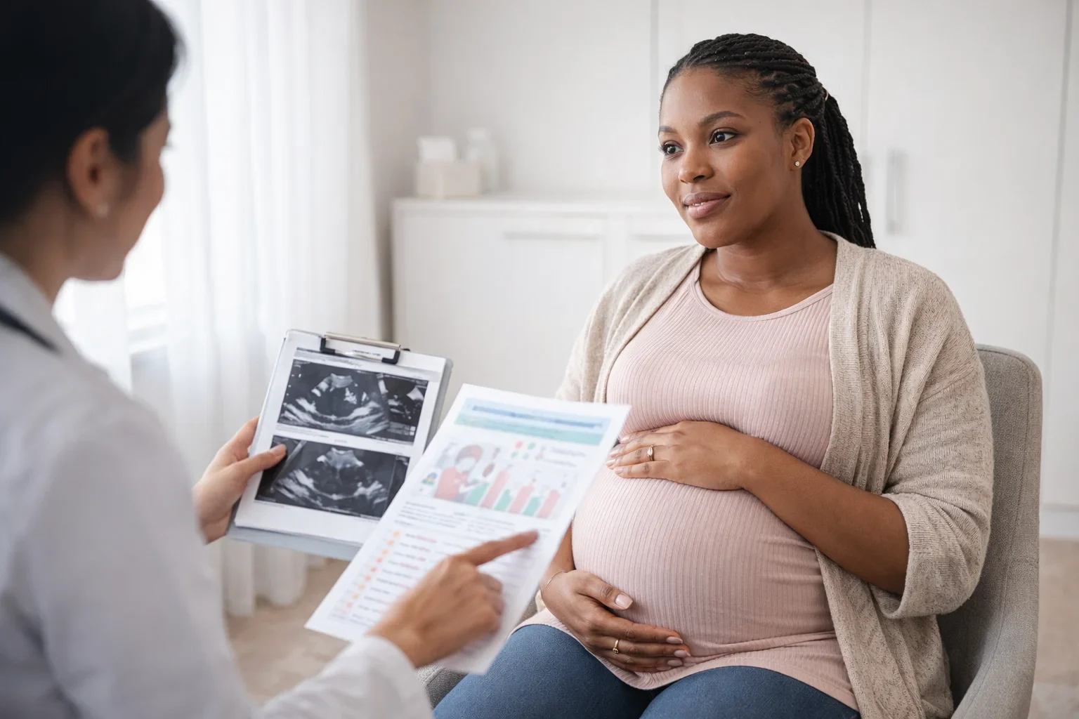 Mid pregnancy ultrasound scan showing fetal anatomy as a healthcare professional explains the results to an expectant mother