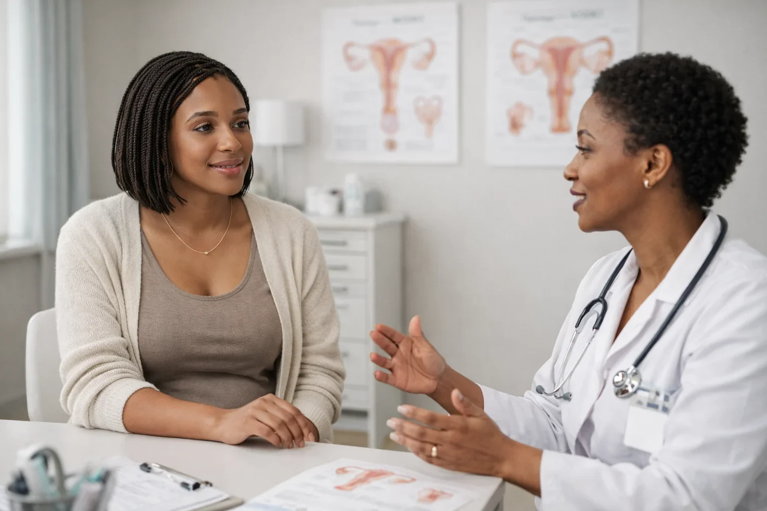 Adult woman discussing reproductive health with a healthcare professional during an obstetrics and gynecology consultation in a calm clinical setting in Pretoria