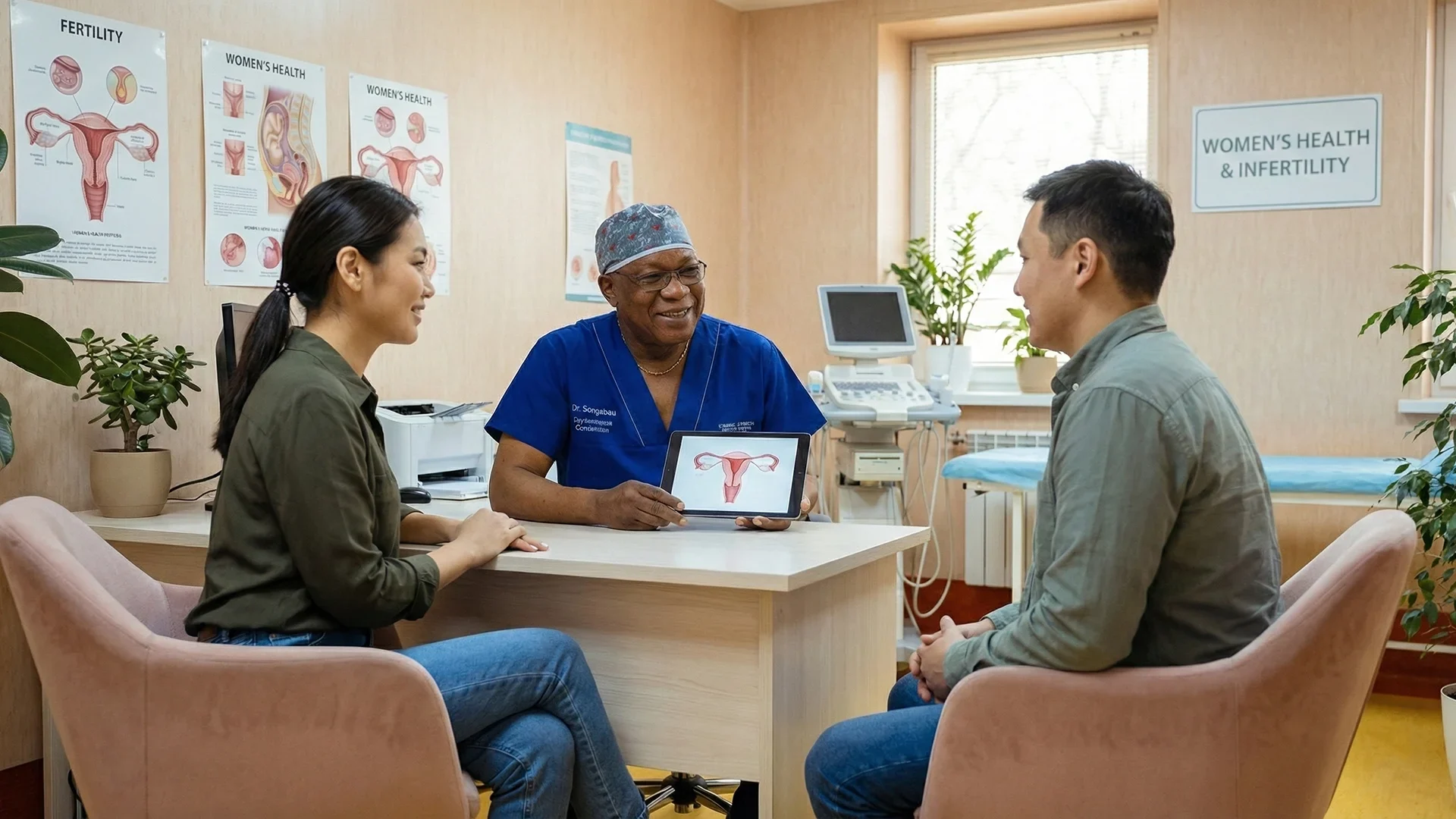Dr MR Songabau, a fertility specialist in Pretoria, conducting a consultation regarding women's health and infertility treatments in a modern medical office.
