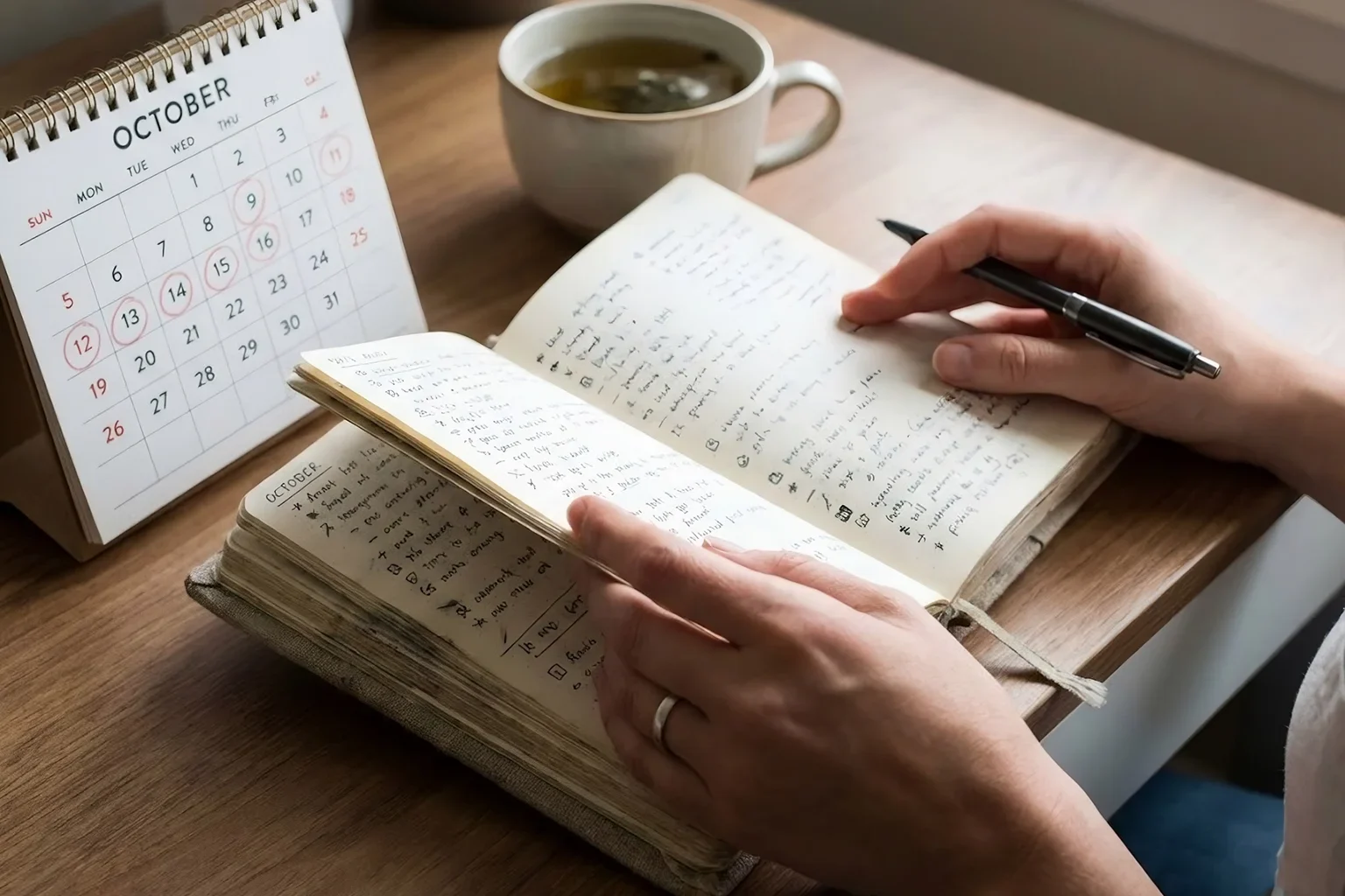 A close-up view of a woman's hands holding an open journal and a pen, writing notes next to a desk calendar, symbolizing the tracking of menstrual cycles and health symptoms.